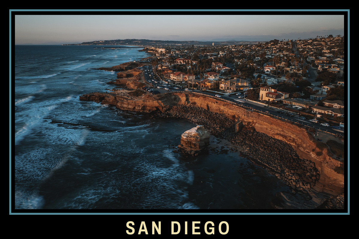 San Diego Sunset Cliffs Black Border Poster Print