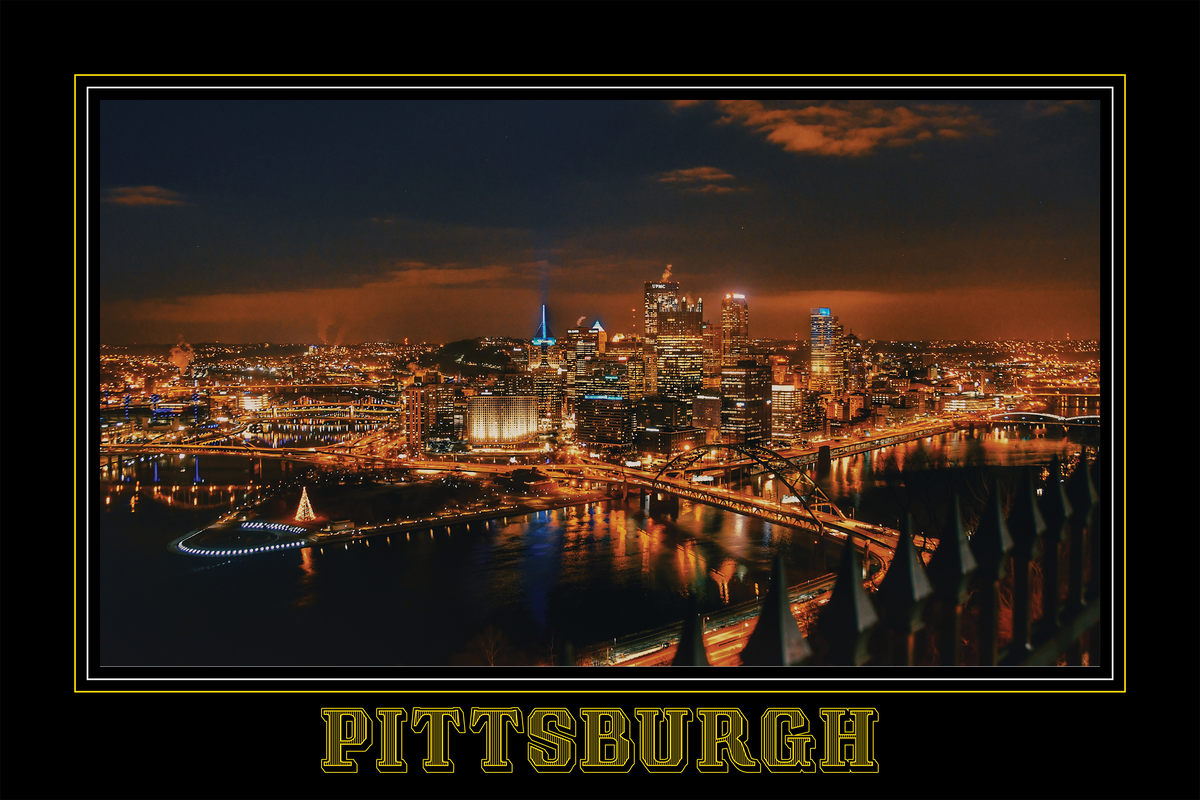 Pittsburgh Pennsylvania Nighttime Skyline Black Border Poster Print