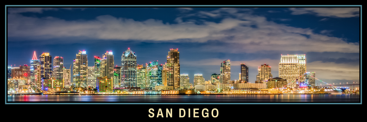 San Diego Skyline Black Border Panorama Poster Print