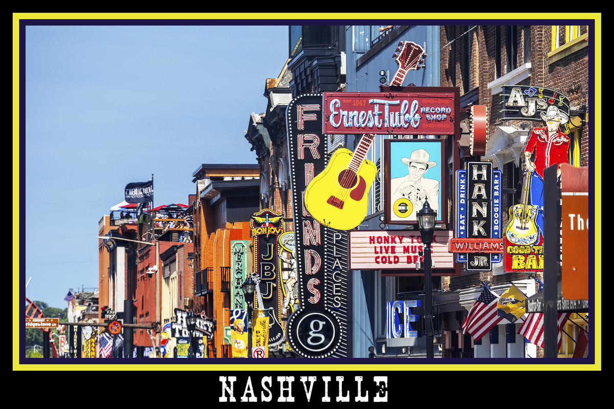 Nashville Tennessee "Honky Tonk Highway" Daytime Black Border Poster Print