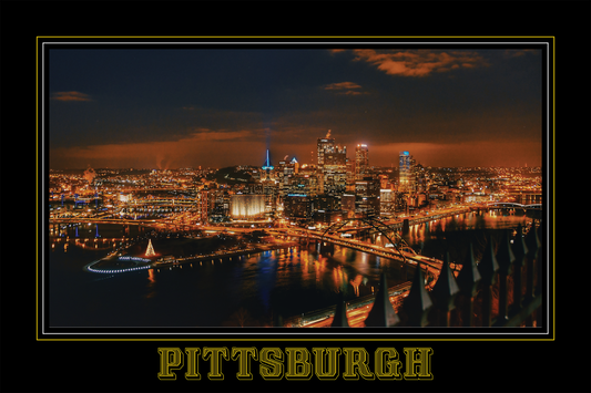 Pittsburgh Pennsylvania Nighttime Skyline Black Border Poster Print